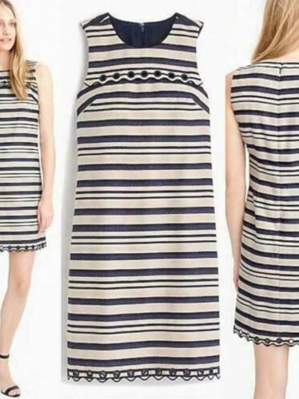 J. Crew Navy Blue Striped Scalloped Trim Grommet Shift Dress Size 00